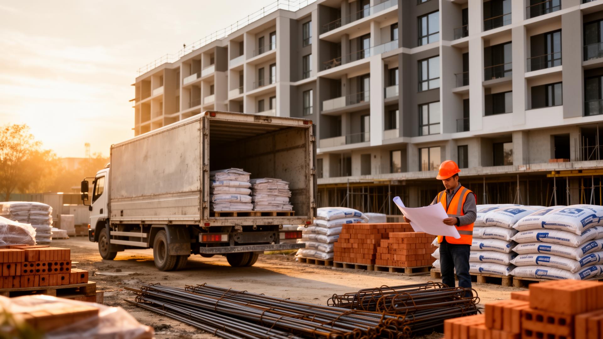 Obra moderna com caminhão de entrega e materiais de construção